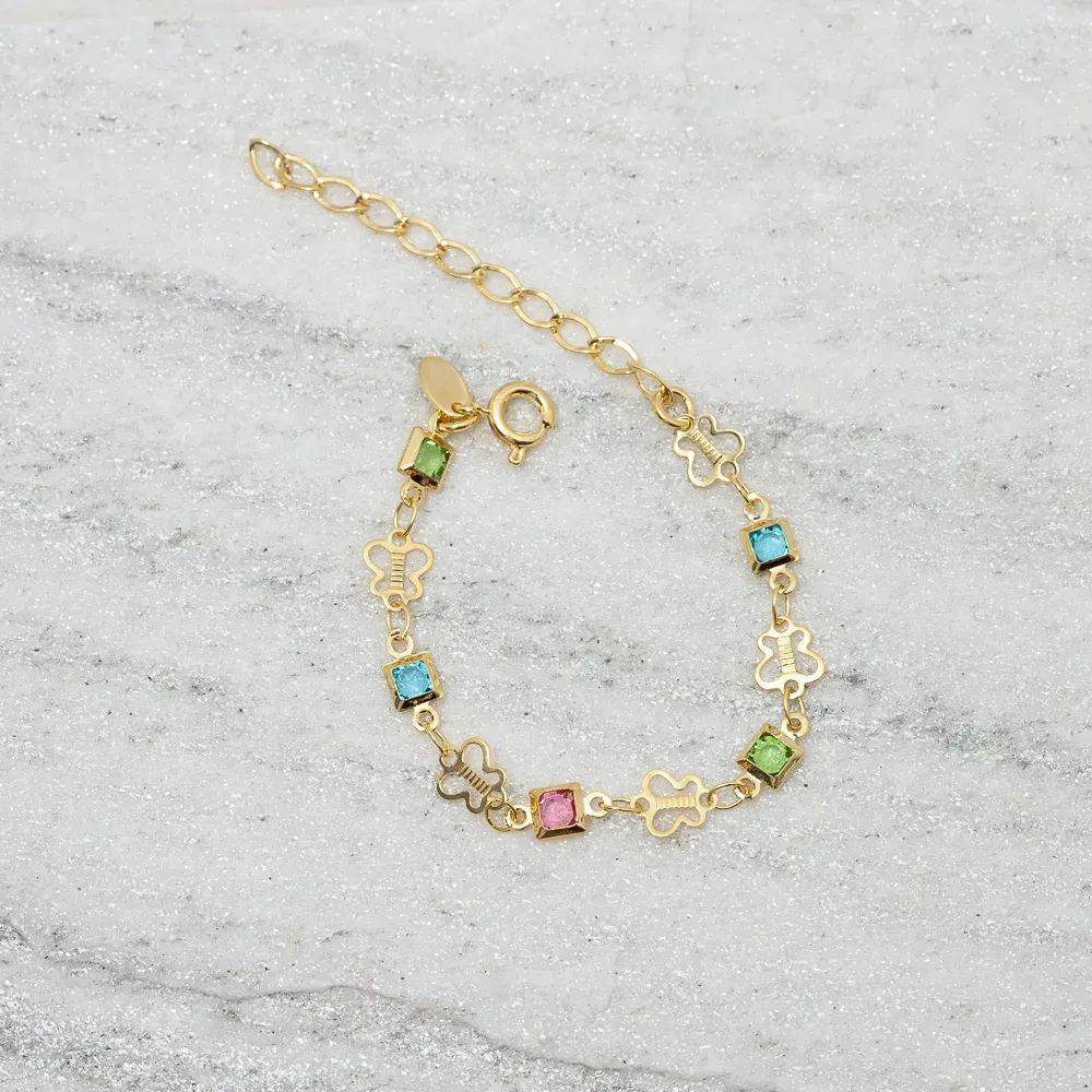PULSEIRA INFANTIL BORBOLETA E QUADRADO EM PEDRA BANHO OURO 18K