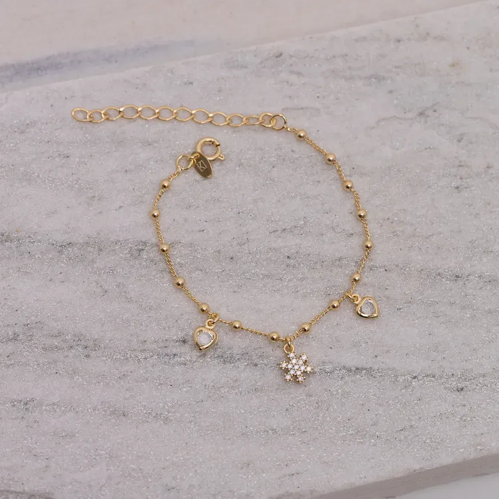 PULSEIRA INFANTIL FLOCO DE NEVE E CORAÇÕES BANHO OURO 18K