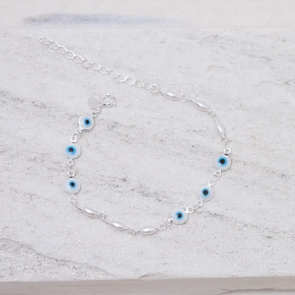 PULSEIRA OLHO GREGO COM PÉROLA BANHO PRATA