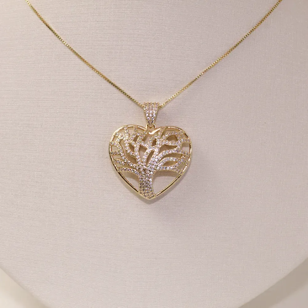 COLAR CORAÇÃO ÁRVORE DA VIDA CREVEJADA COM ZIRCÔNIAS CRISTAIS BANHO OURO 18K
