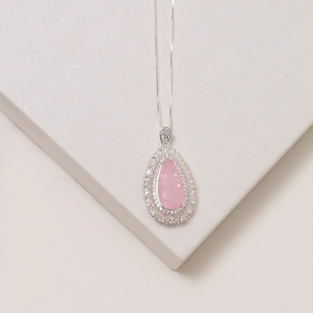 COLAR GOTA COM ZIRCÔNIAS E PEDRA ROSA CLARO M BANHO PRATA