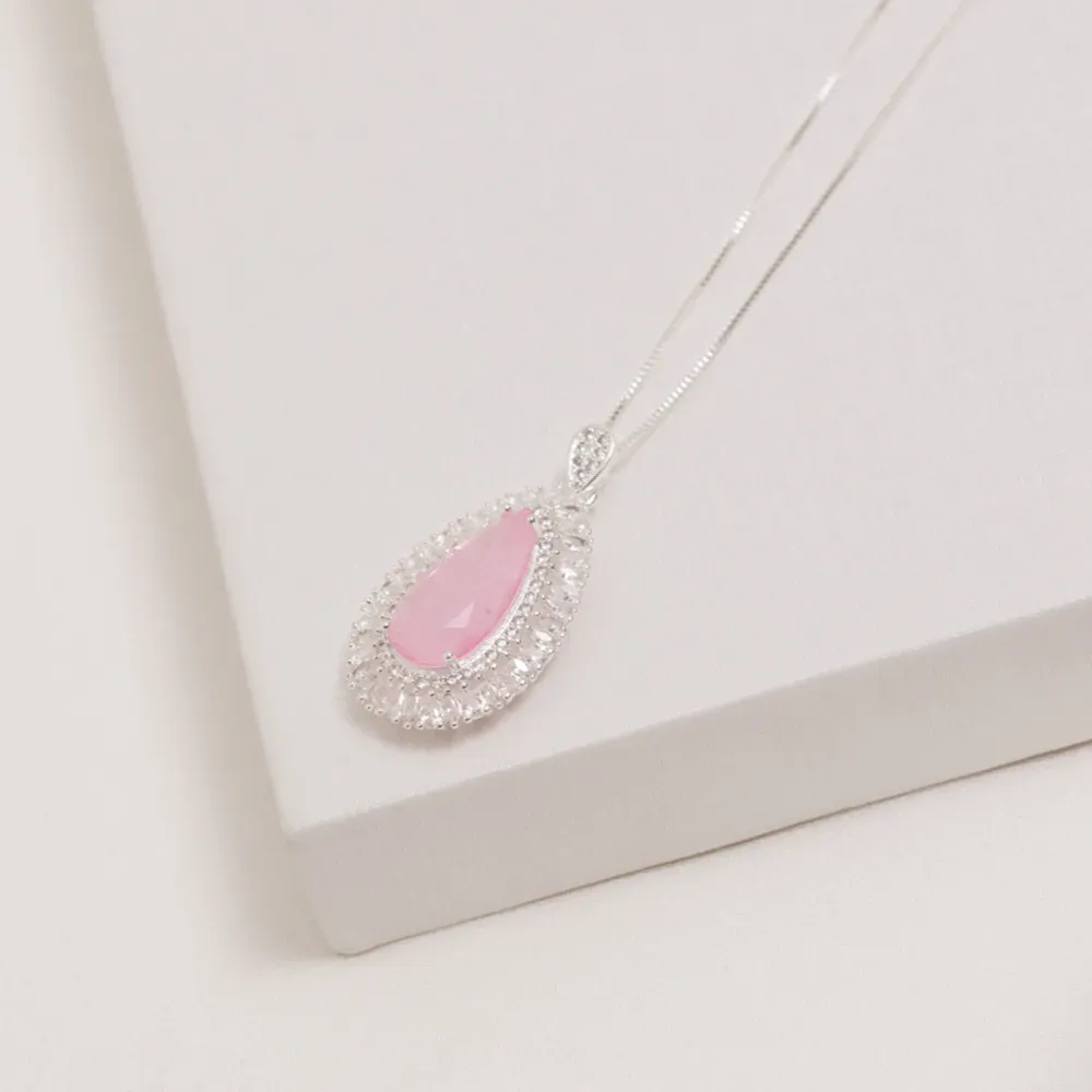 COLAR GOTA COM ZIRCÔNIAS E PEDRA ROSA CLARO M BANHO PRATA