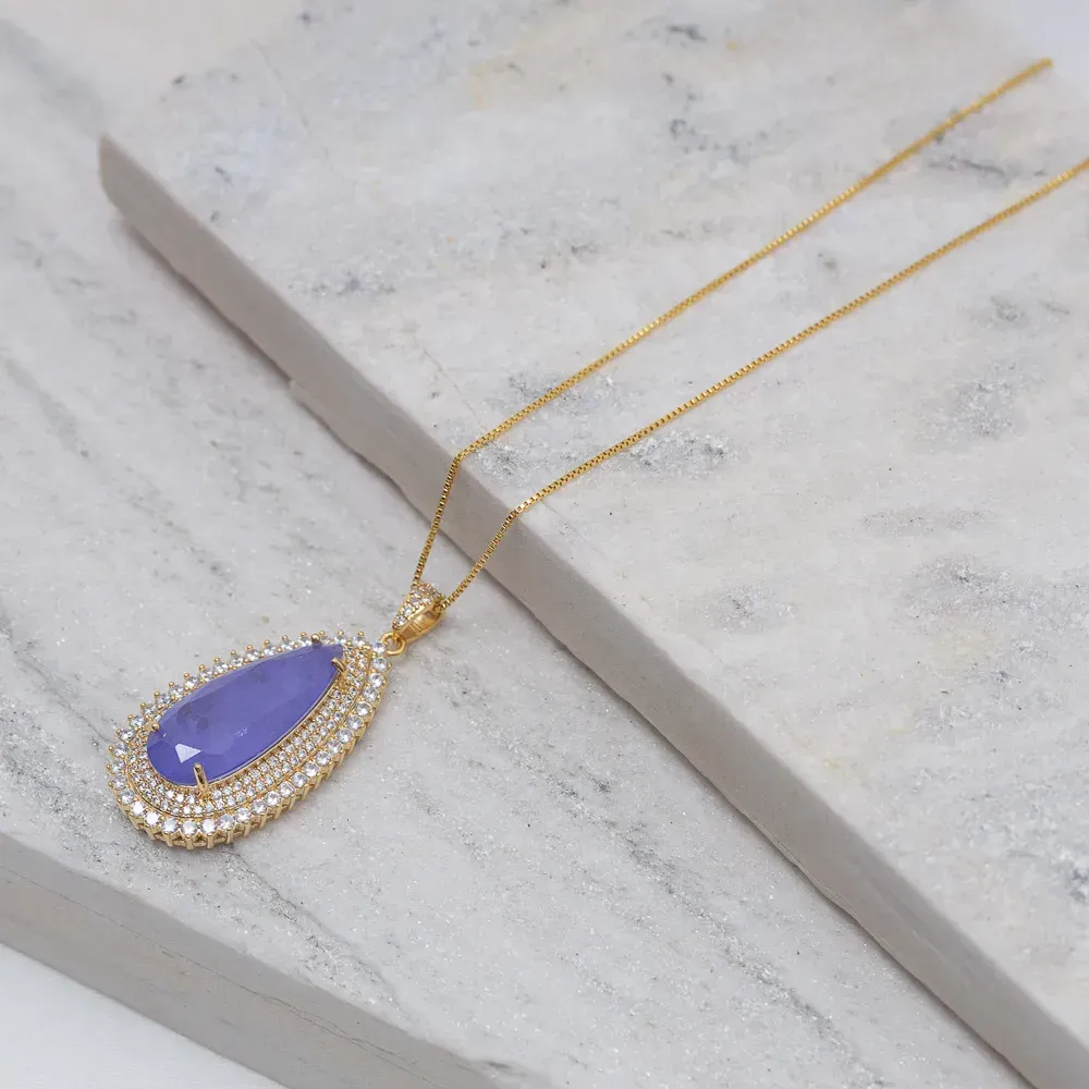 COLAR GOTA  COM ZIRCÔNIAS E PEDRA ROXA G BANHO OURO 18K