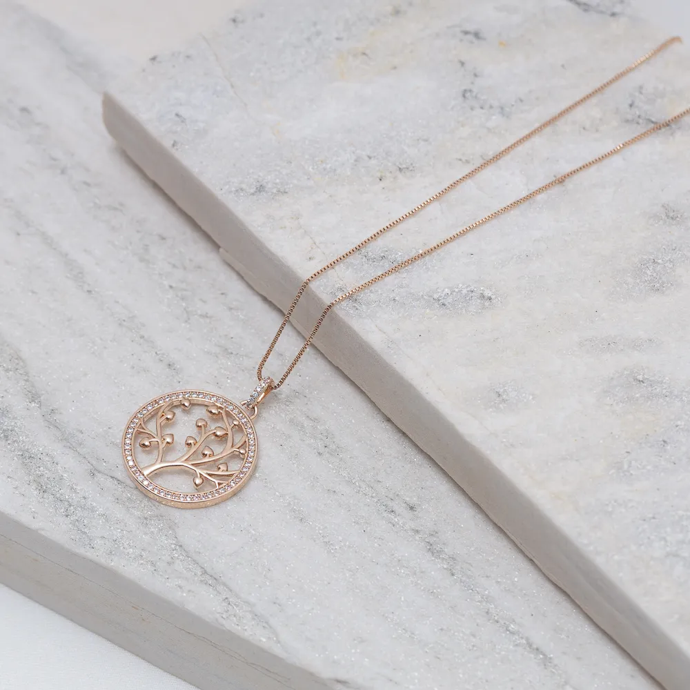 COLAR ÁRVORE DA VIDA CRAVEJADO COM ZIRCÔNIAS CRISTAIS BANHO ROSÉ