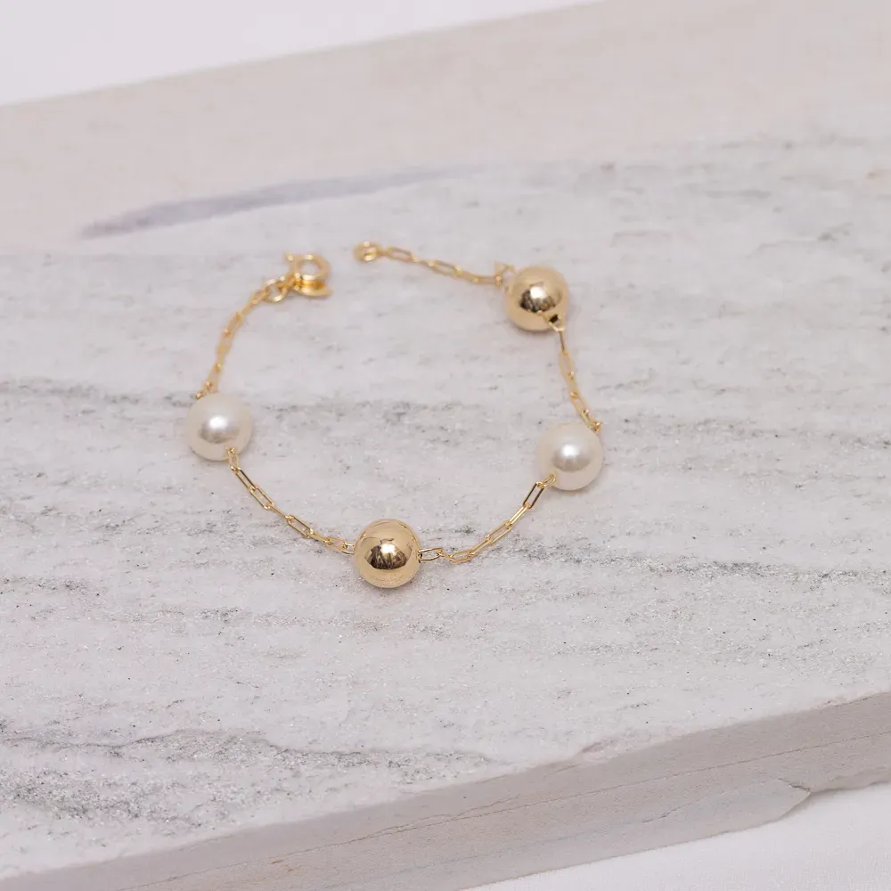 PULSEIRA BOLINHA M LISA E PÉROLA BANHO OURO 18K