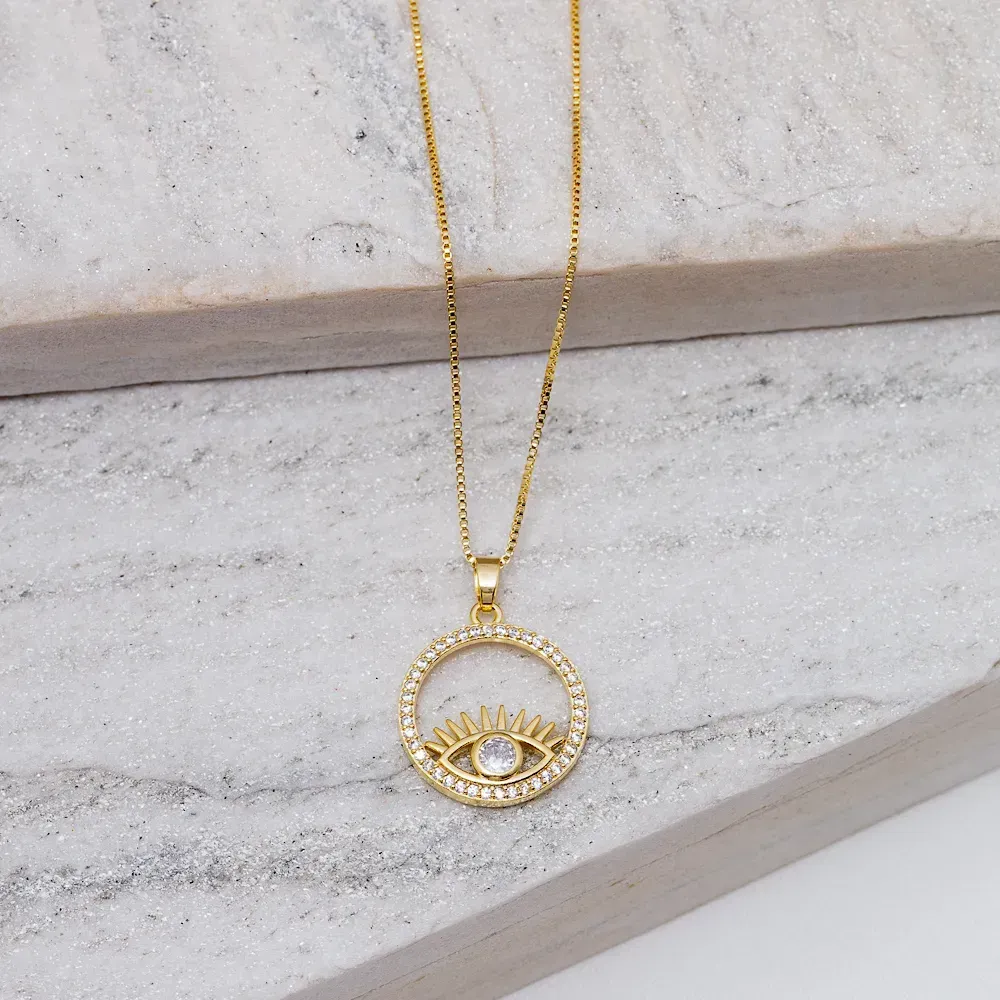 COLAR OLHO GREGO COM ZIRCÔNIAS CRISTAIS BANHO OURO 18K