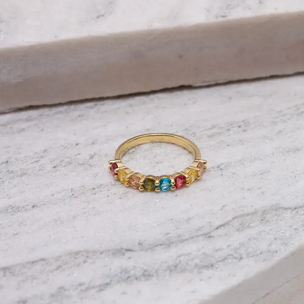 ANEL COM PEDRAS ZIRCÔNIAS COLORIDAS REDONDAS BANHO OURO 18K