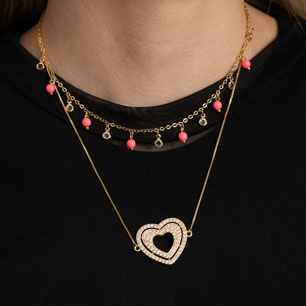 CHOKER COM ZIRCÔNIAS CRISTAIS E BOLINHA ROSA FLUORESCENTE BANHO OURO 18K