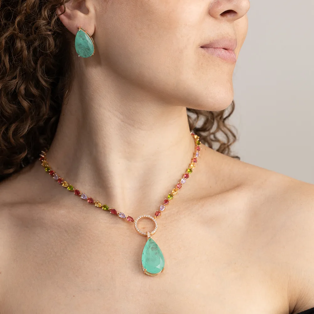 CONJUNTO GOTA VERDE TIFFANY RIVIERA COM PEDRAS COLORIDAS BANHO OURO 18K