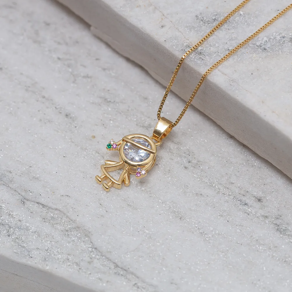 COLAR FILHOS MENINA COM PEDRA ZIRCÔNIA CRISTAL BANHO OURO 18K