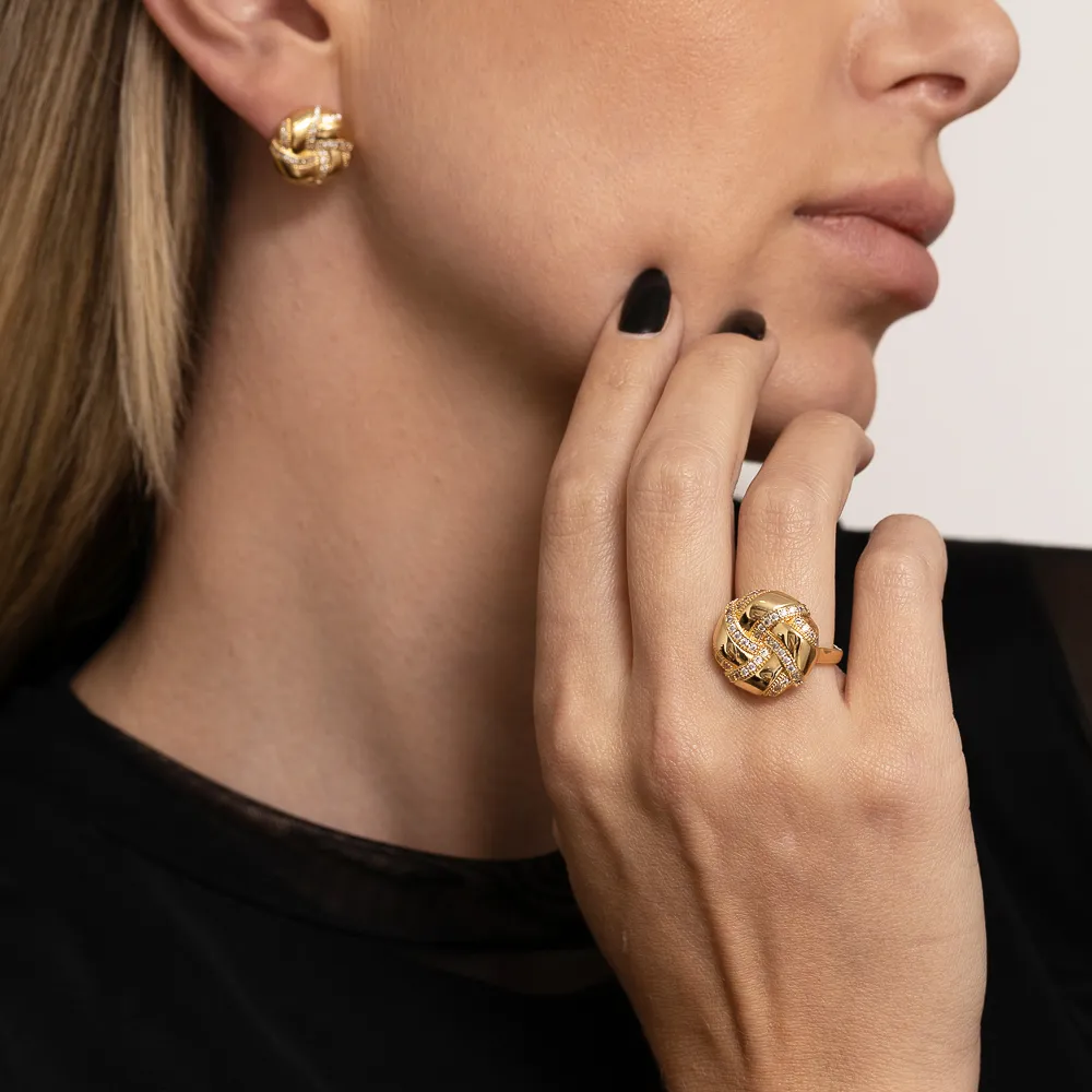 CONJUNTO BRINCO E ANEL COM ZIRCÔNIAS BANHO OURO 18K