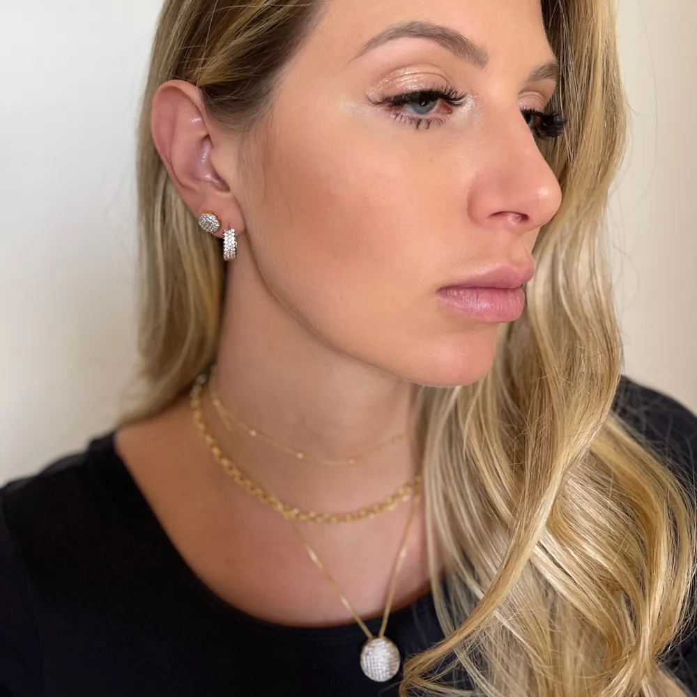 CONJUNTO BRINCO E COLAR OVAL COM CANETA RÓDIO BRANCO BANHO OURO 18K