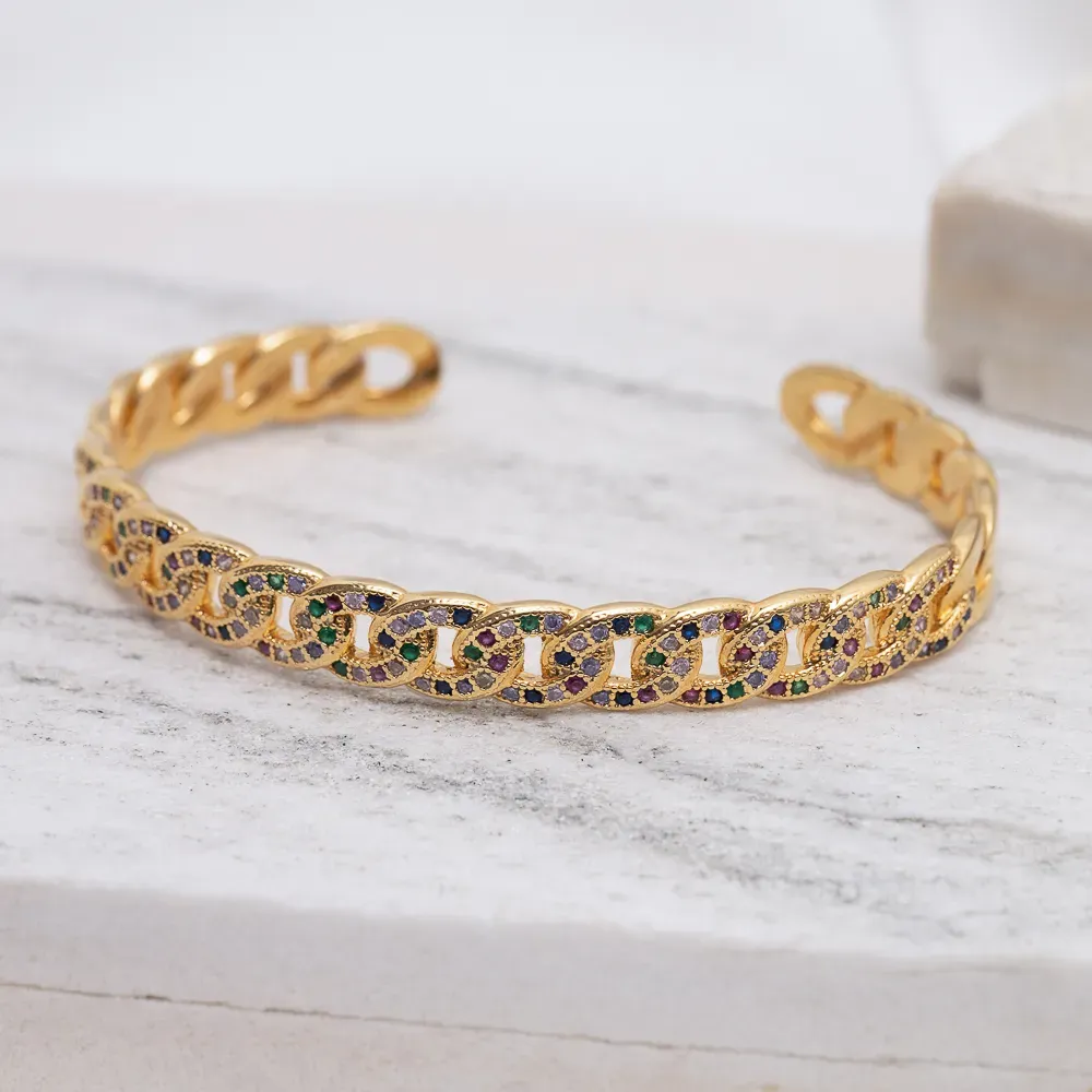 BRACELETE ESTILO CORRENTE COM ZIRCÔNIAS COLORIDAS BANHO OURO 18K