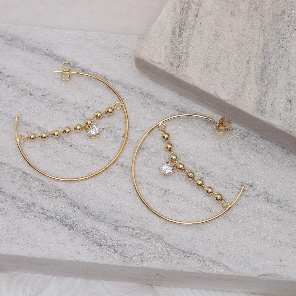 BRINCO ARGOLA GRANDE COM PEDRA ZIRCÔNIA CRISTAL BANHO OURO 18K