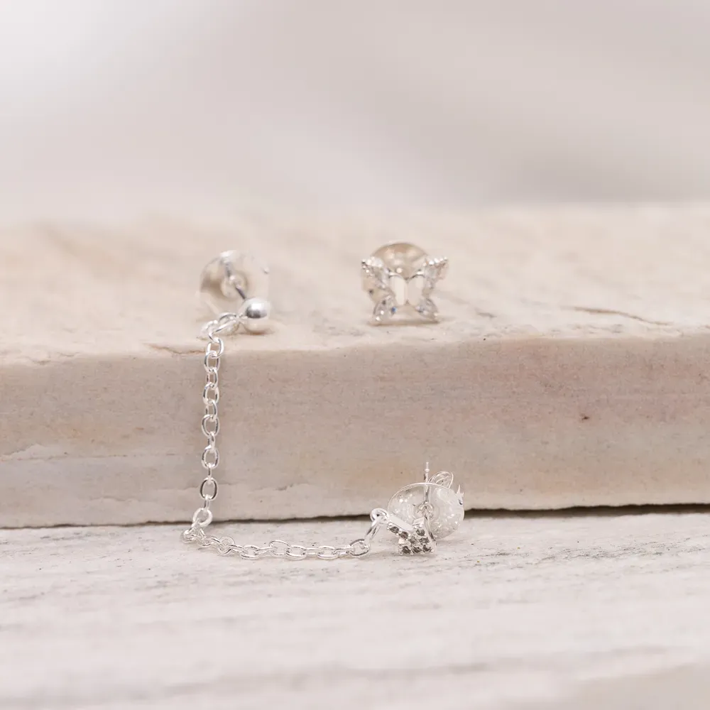BRINCO EAR CUFF SETA COM BORBOLETA E CORRENTE BANHO PRATA