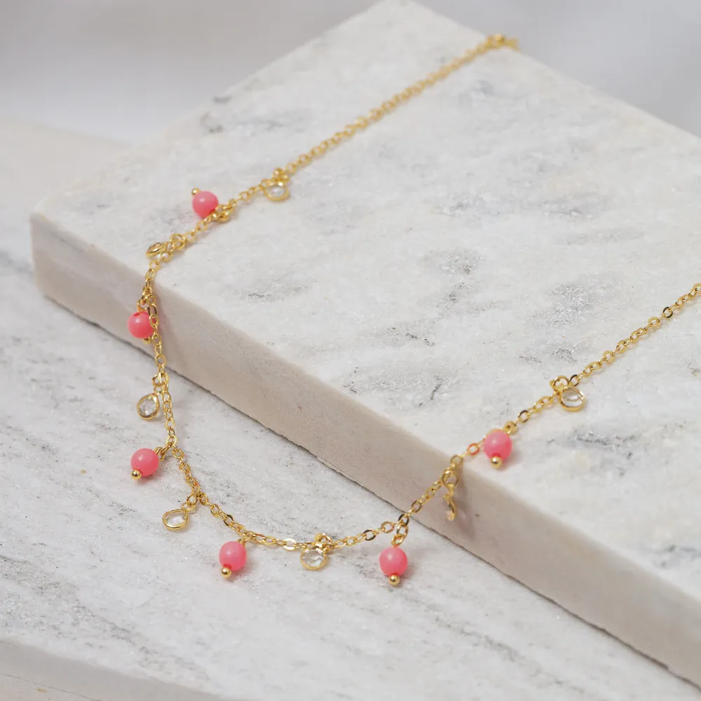CHOKER COM ZIRCÔNIAS CRISTAIS E BOLINHA ROSA FLUORESCENTE BANHO OURO 18K