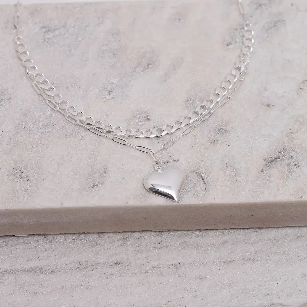 CHOKER  DUPLA COM CORAÇÃO BANHO PRATA
