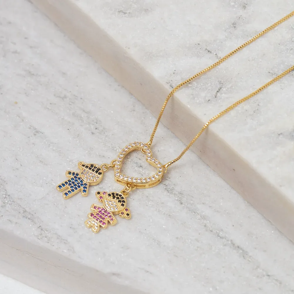 COLAR FILHOS CASAL CRAVEJADOS COM ZIRCÔNIAS COLORIDAS BANHO OURO 18K