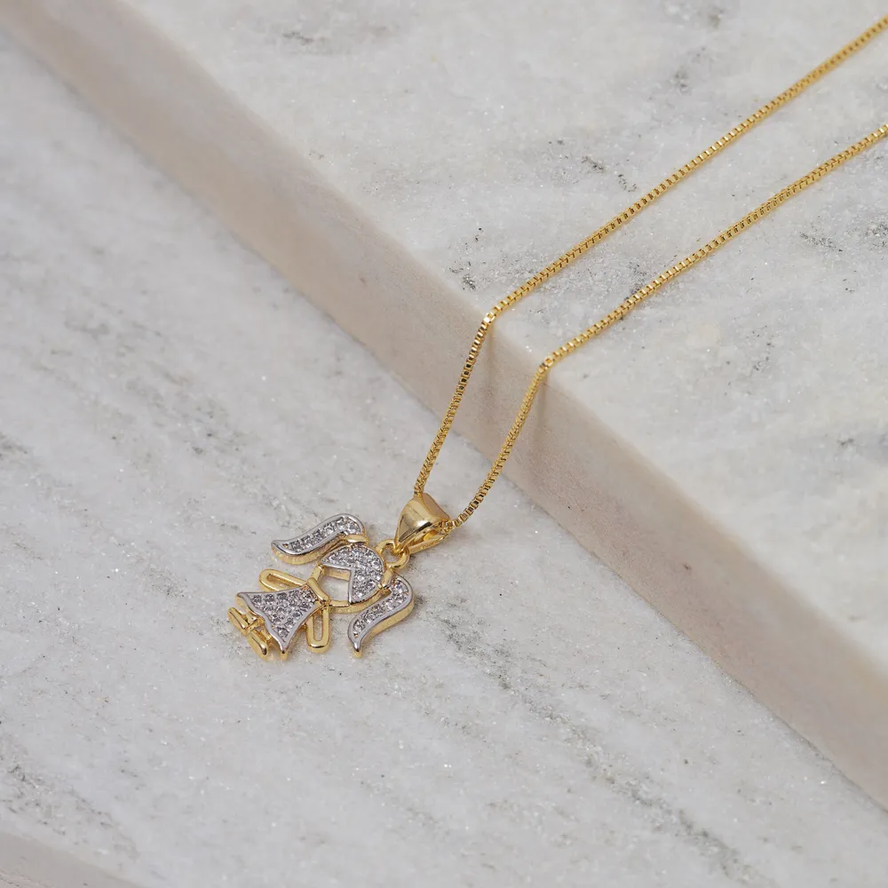 COLAR FILHOS MENINA CRAVEJADA COM CANETA RÓDIO BRANCO BANHO 18K