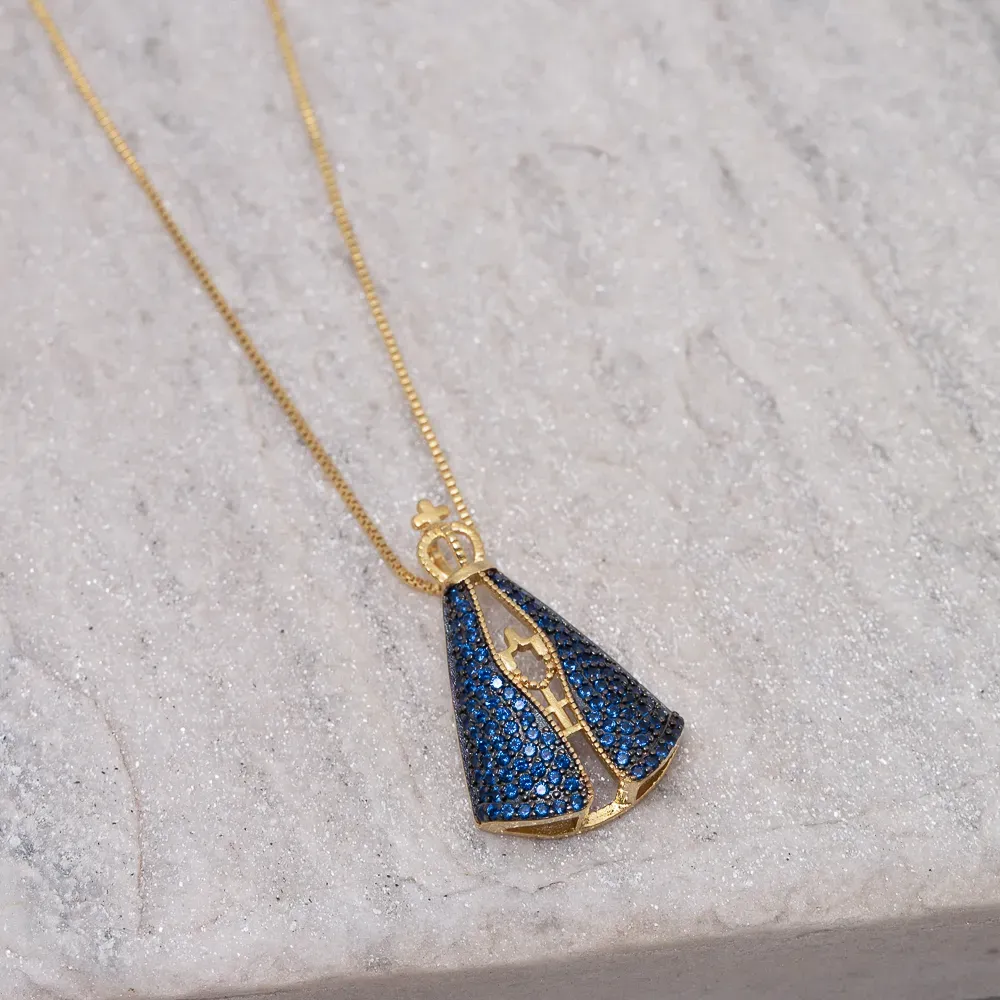 COLAR NOSSA SENHORA ZIRCÔNIA AZUL BANHO OURO 18K