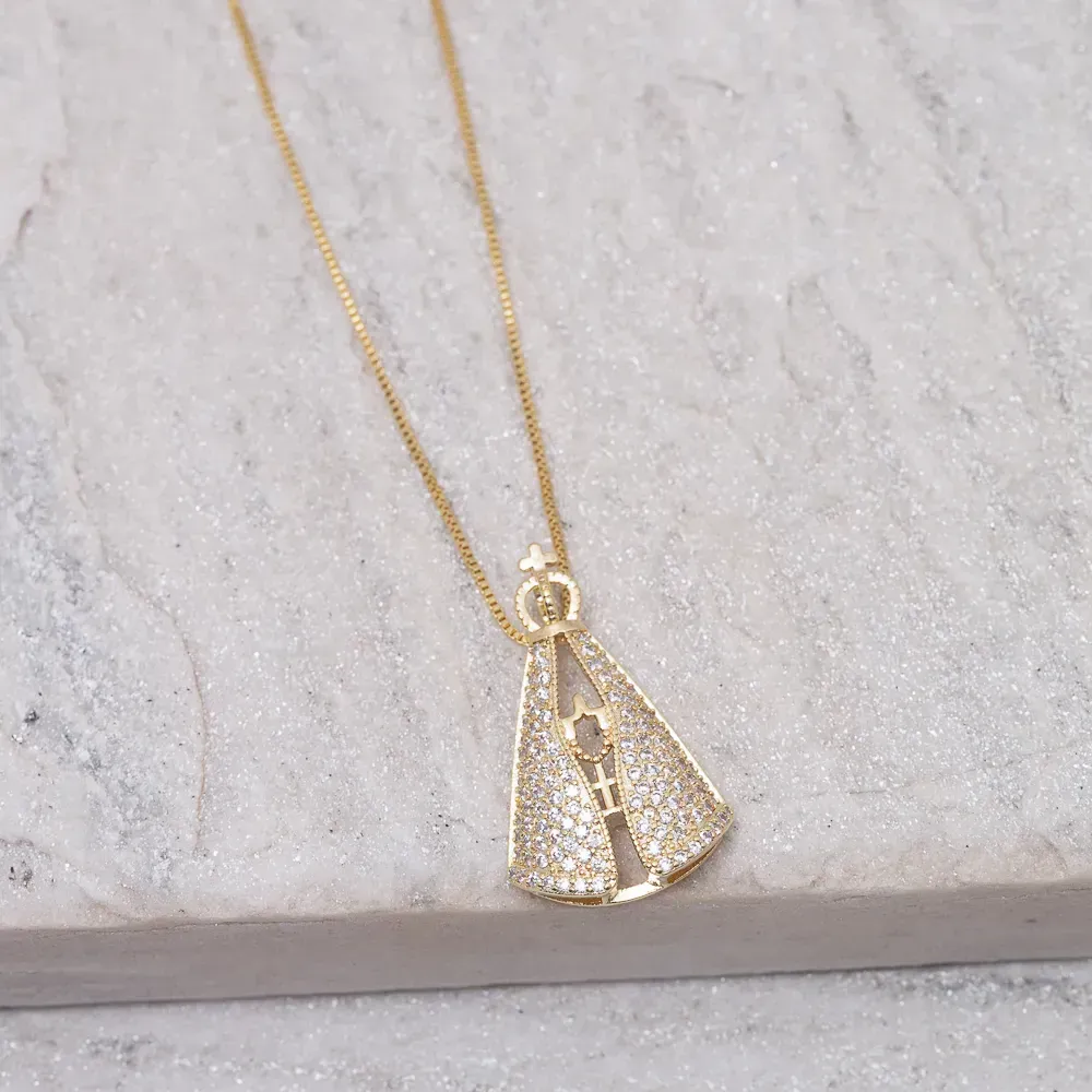 COLAR NOSSA SENHORA ZIRCÔNIA CRISTAL BANHO OURO 18K