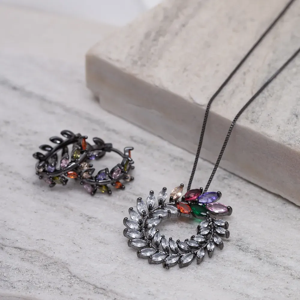 CONJUNTO RAMOS COLORIDOS BANHO RÓDIO NEGRO