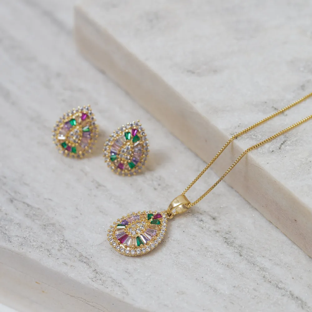 CONJUNTO GOTA CRAVEJADA COM ZIRCÔNIAS NAVETE COLORIDAS BANHO OURO 18K