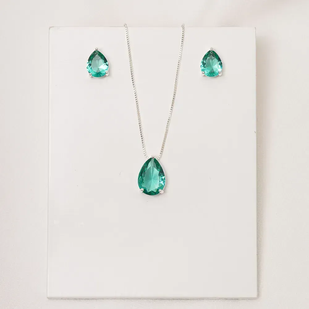 CONJUNTO GOTA PEDRA VERDE ESMERALDA BANHO PRATA
