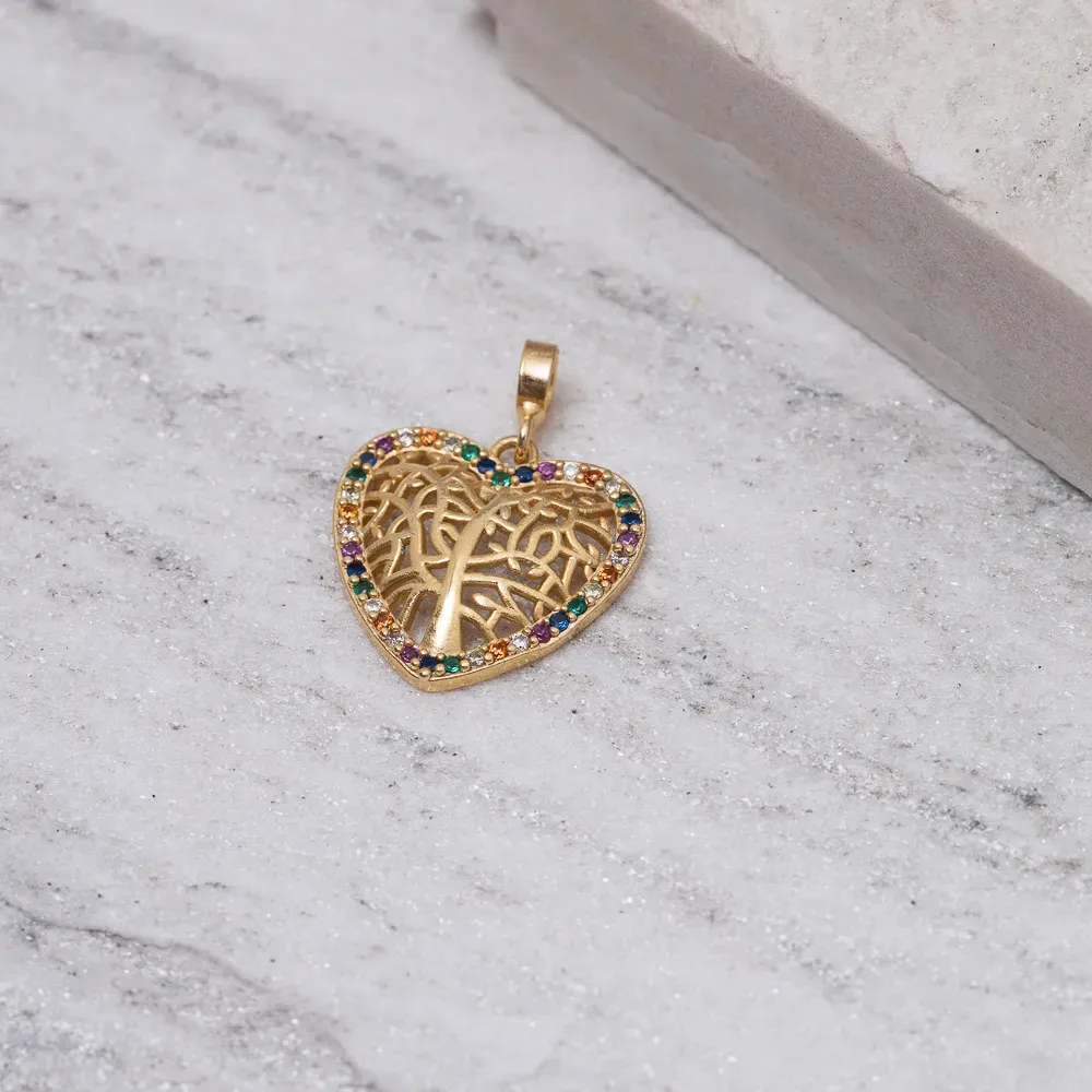 PINGENTE CORAÇÃO ÁRVORE DA VIDA COM ZIRCÔNIAS COLORIDAS BANHO OURO 18K
