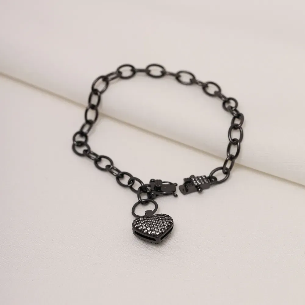 PULSEIRA CORAÇÃO CRAVEJADA COM ZIRCÔNIAS BANHO RÓDIO NEGRO