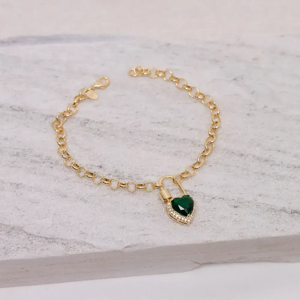 PULSEIRA CADEADO CORAÇÃO COR VERDE ESMERALDA ELO PORTUGUÊS BANHO OURO 18K