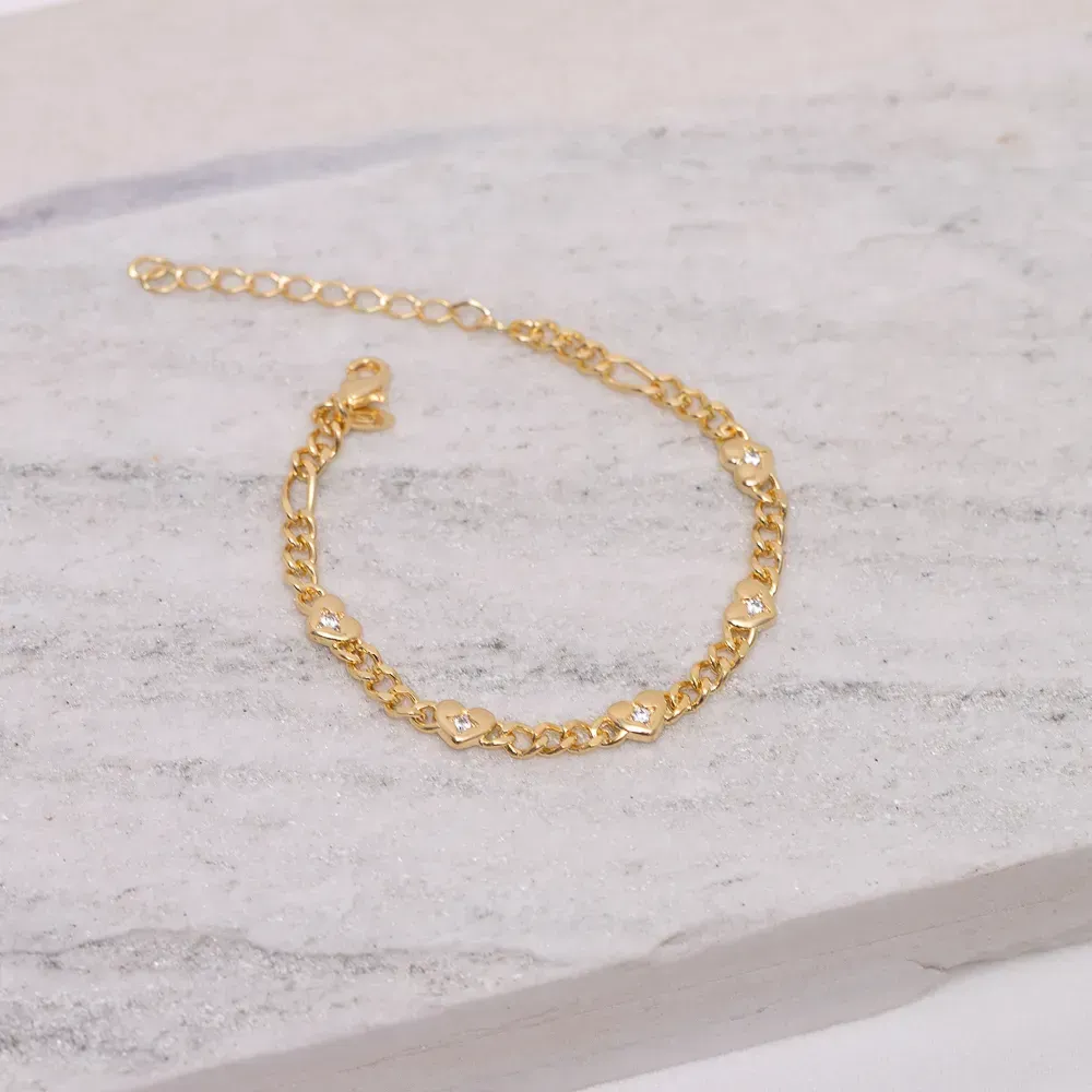 PULSEIRA GRUMET COM CORAÇÃO E ZIRCÔNIA BANHO OURO 18K