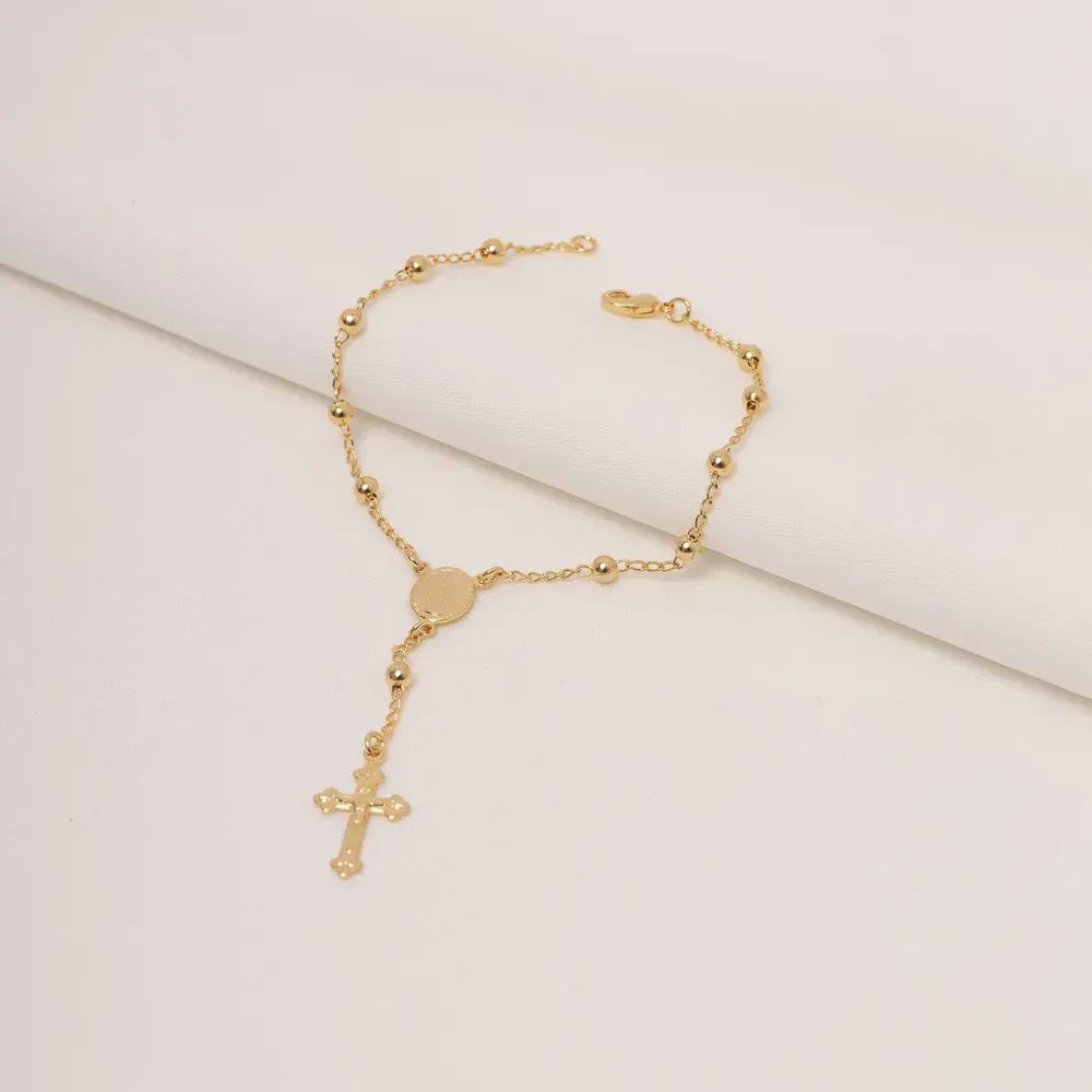 PULSEIRA TERÇO COM JESUS NA CRUZ BANHO OURO 18K