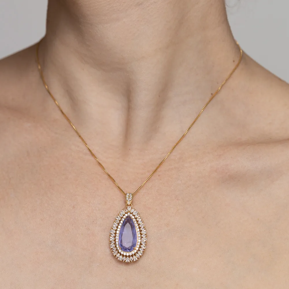 COLAR GOTA COM ZIRCÔNIAS E PEDRA ROXA M BANHO OURO 18K