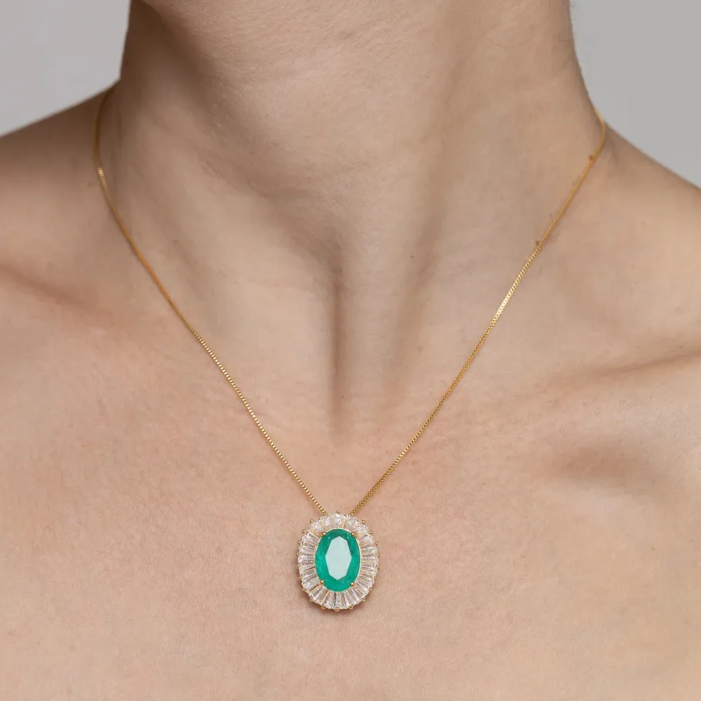 CONJUNTO FLOR CRAVEJADA COM ZIRCÔNIAS E PEDRA VERDE TIFFANY BANHO OURO 18K