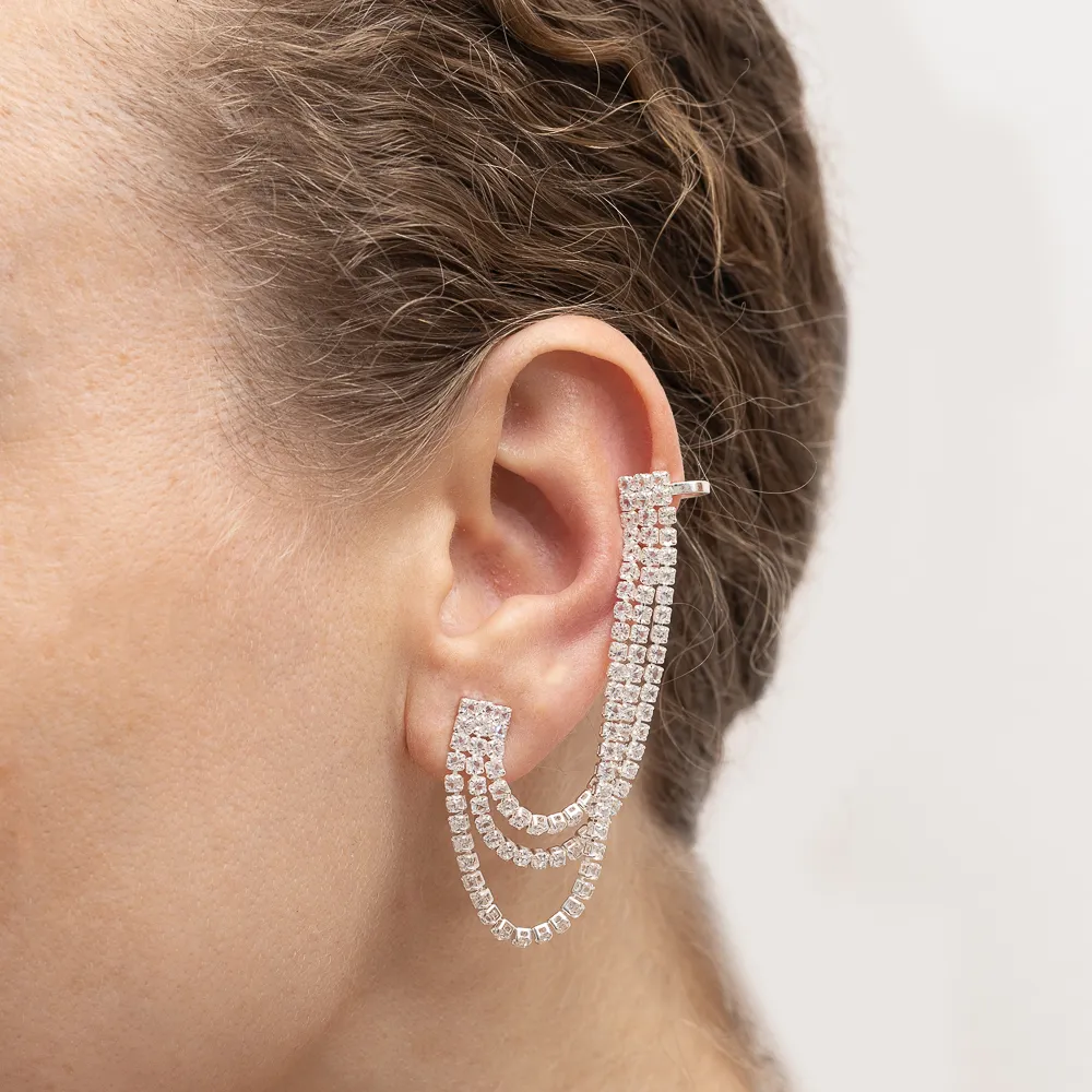 BRINCO EAR CUFF FESTA FIOS DE ZIRCÔNIA CRISTAIS BANHO PRATA