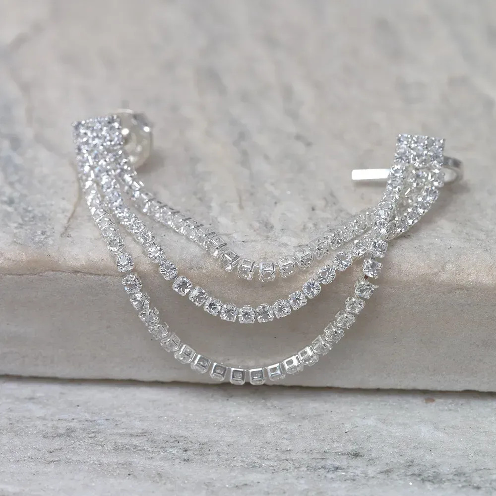BRINCO EAR CUFF FESTA FIOS DE ZIRCÔNIA CRISTAIS BANHO PRATA