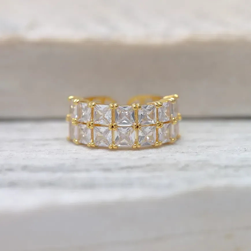 ANEL FILEIRA DUPLA CRAVEJADO COM ZIRCÔNIAS CRISTAIS BANHO OURO 18K