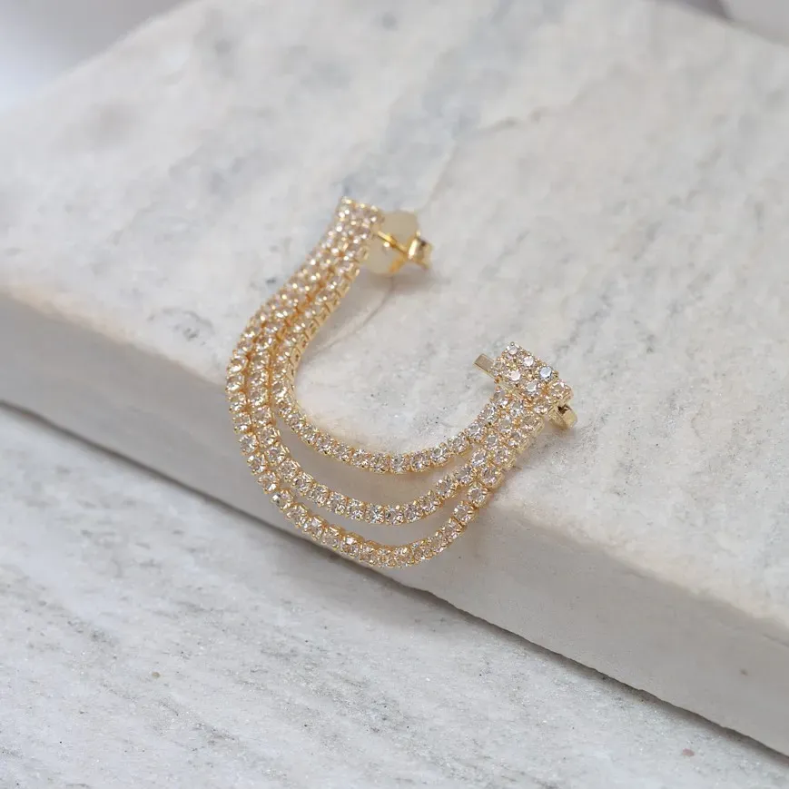 BRINCO EAR CUFF FIOS CRAVEJADOS COM ZIRCÔNIAS CRISTAIS BANHO OURO 18K