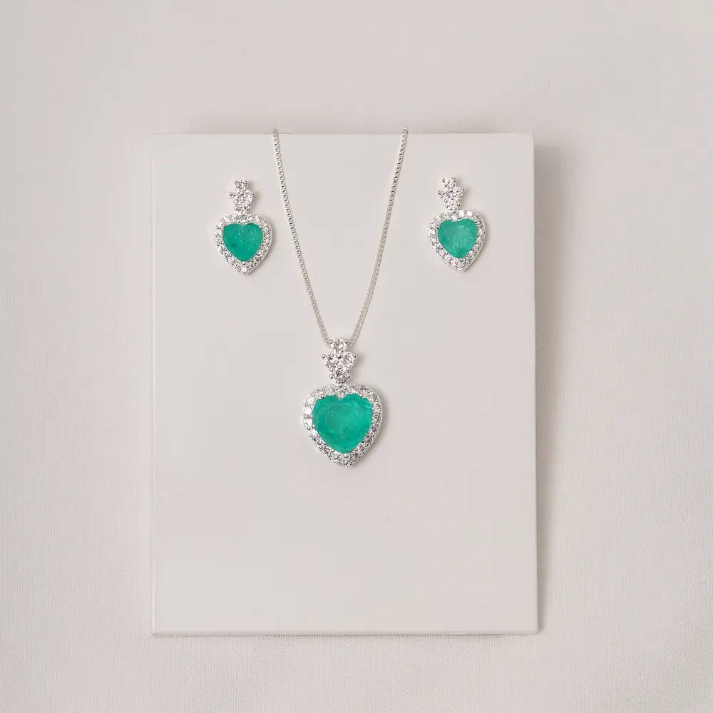 CONJUNTO CRISTAL CORAÇÃO ZIRCÔNIA VERDE BANHO PRATA