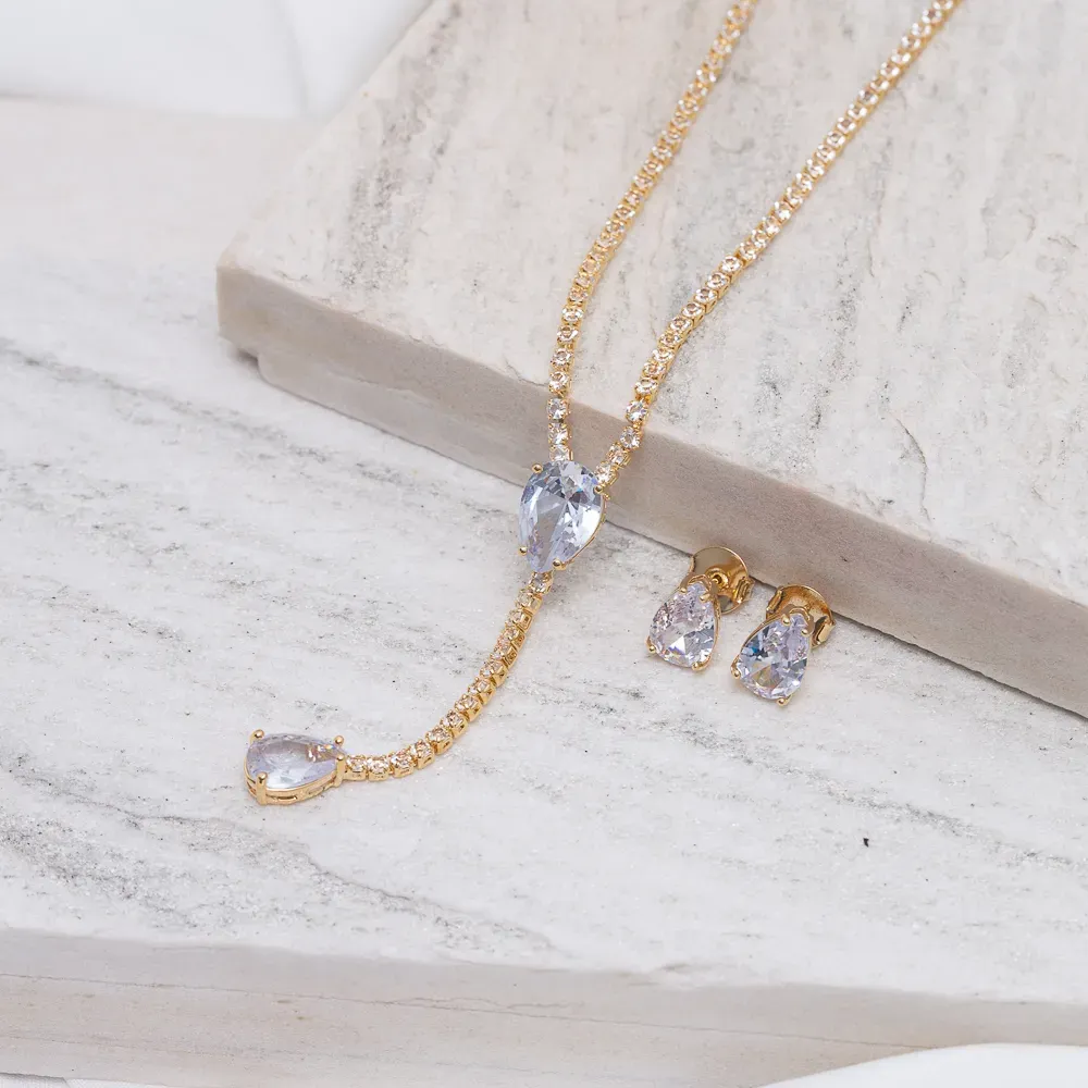 CONJUNTO FIO ZIRCÔNIA COM PIGENTE GOTA CRISTAL BANHO OURO 18K
