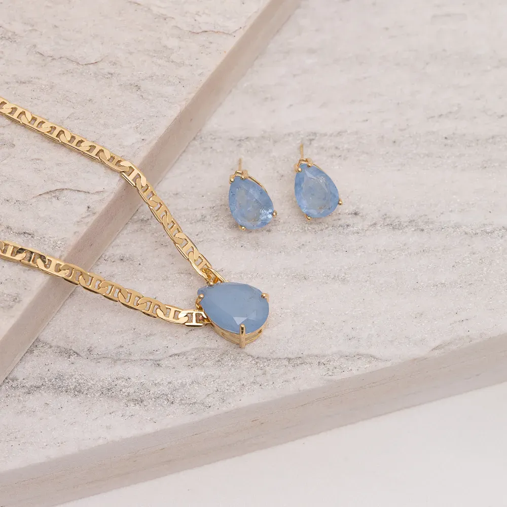 CONJUNTO GOTA CRISTAL AZUL CORRENTE PIASTRINE BANHO OURO18K