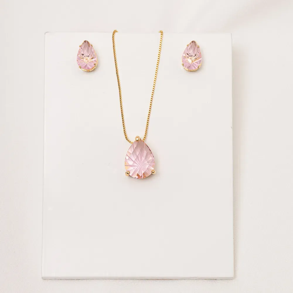 CONJUNTO GOTA COM PEDRA ROSA CLARO P BANHO OURO 18K