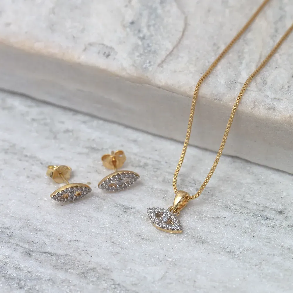 CONJUNTO OLHO GREGO MINI COM ZIRCÔNIAS BANHO OURO 18K