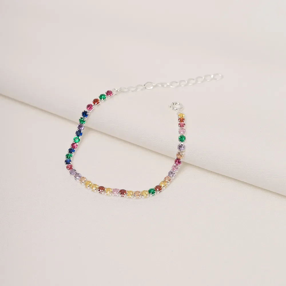 PULSEIRA RIVIERA COM ZIRCÔNIAS QUADRADAS COLORIDAS BANHO PRATA