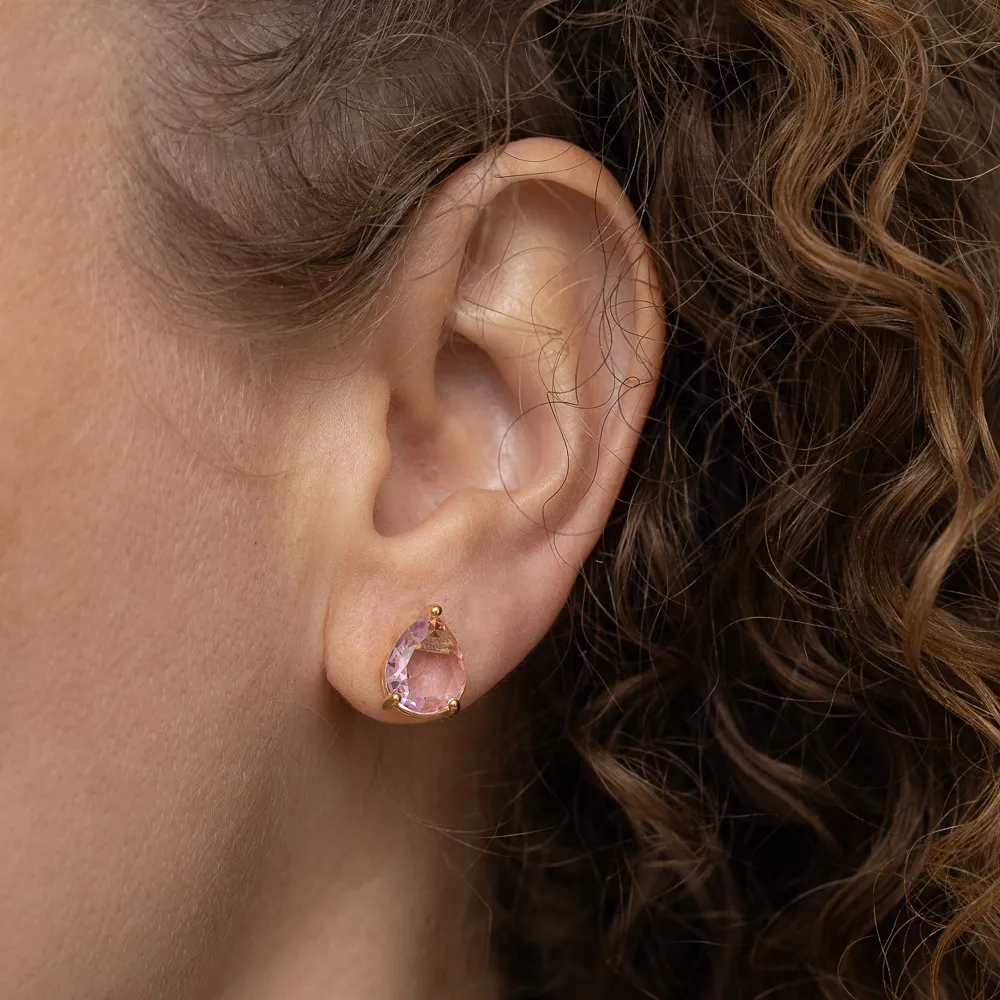 CONJUNTO GOTA COM PEDRA ROSA CLARO BANHO  OURO 18K