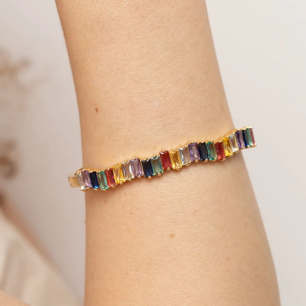 BRACELETE  COM ZIRCÔNIAS NAVETE COLORIDAS BANHO OURO 18K
