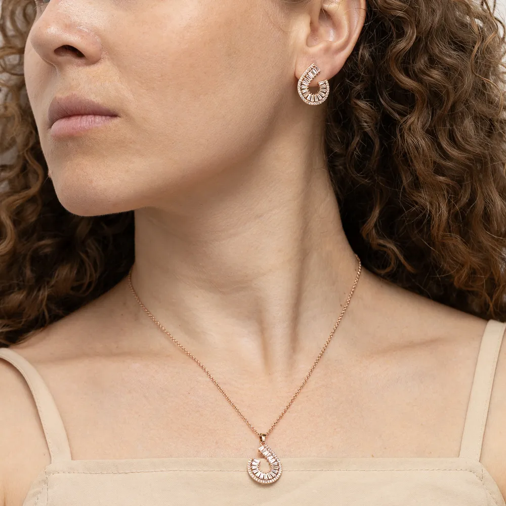 CONJUNTO COM ZIRCÔNIAS NAVETE CRISTAIS BANHO ROSÉ