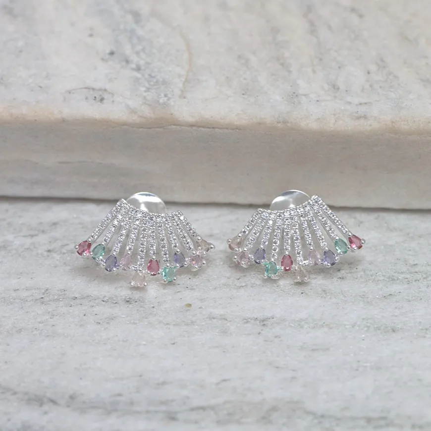 BRINCO EAR CUFF CRAVEJADO COM ZIRCÔNIAS COLORIDAS BANHO PRATA