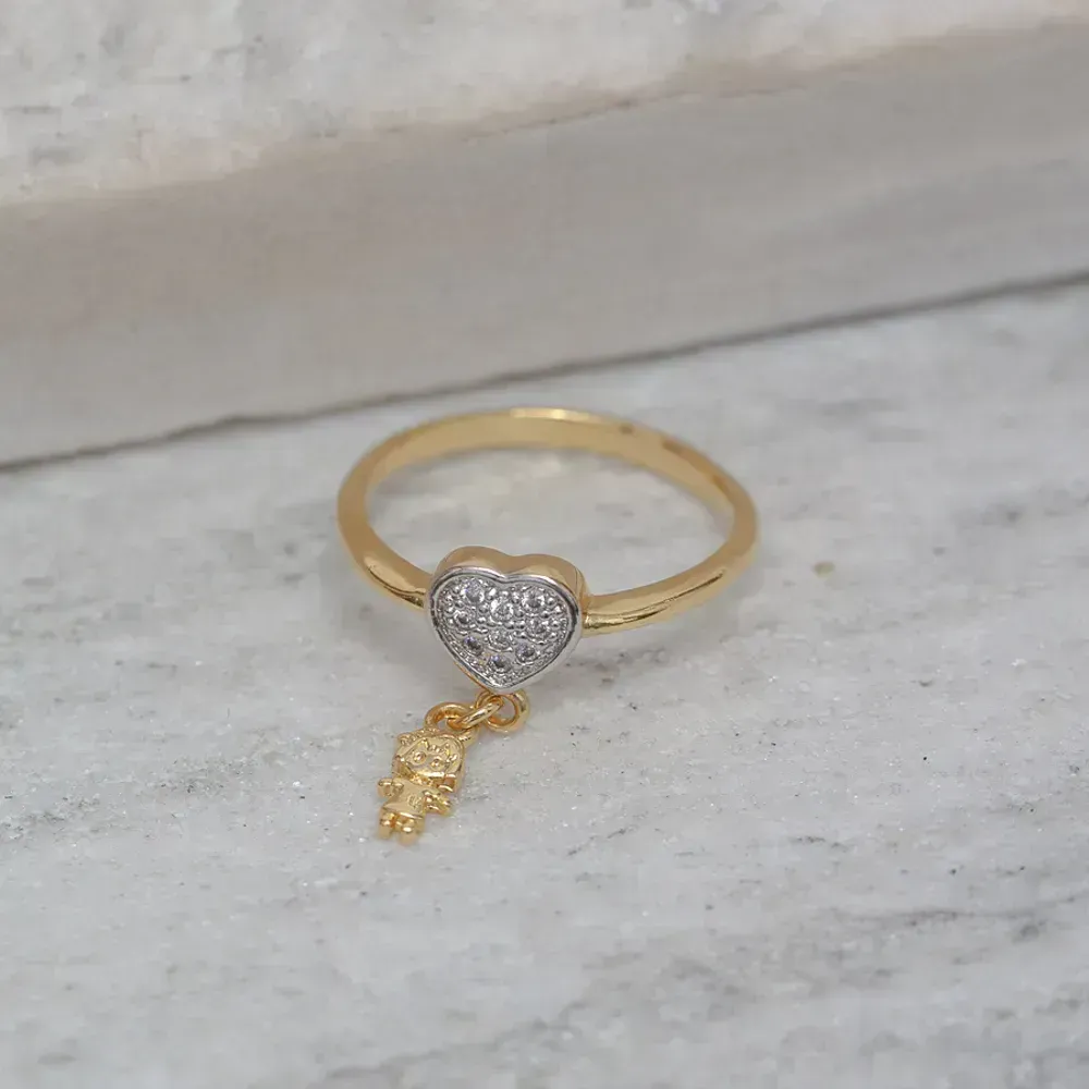 ANEL FILHOS MENINA CORAÇÃO CRAVEJADO BANHO OURO 18K